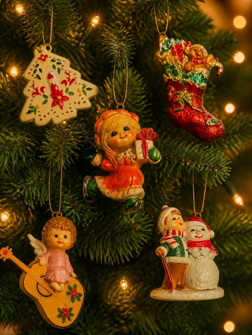 Vintage Christmas Ornaments - Tree, Stocking, Angel, Snowman, Girl